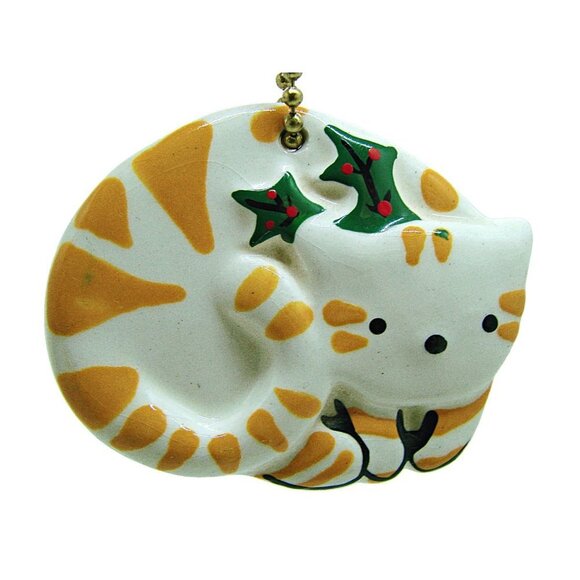 Ceramic Tabby Cat Hanging Christmas Ornament/Keychain Yellow White Green Decor - Picture 4 of 9